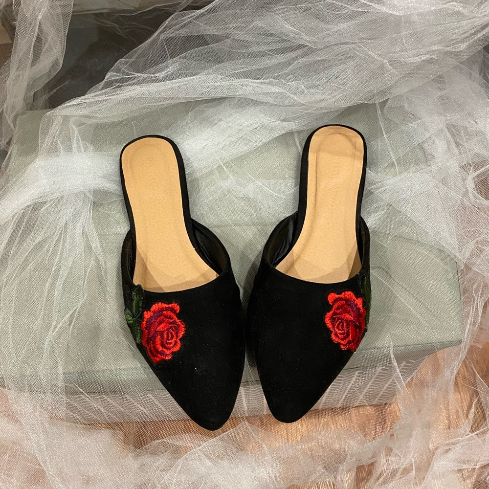 Cute, black and red mules with a rose design